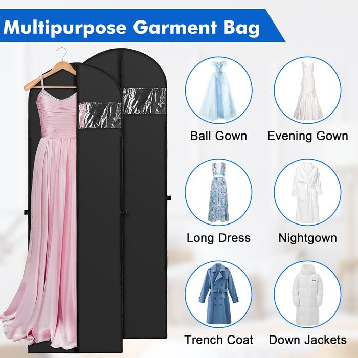 Чохли для одягу 180x60 см (4 шт) - Дихаючі мішки для зберігання одягу з ручками, для вечірніх та весільних суконь, захист від пилу, складні
