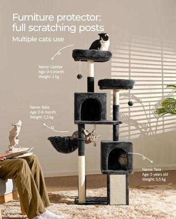 Кігтеточка для котів FourFurPets 156 см, з драбиною з сизалю, 2 платформи, 2 печери, гамак, іграшки, сірий