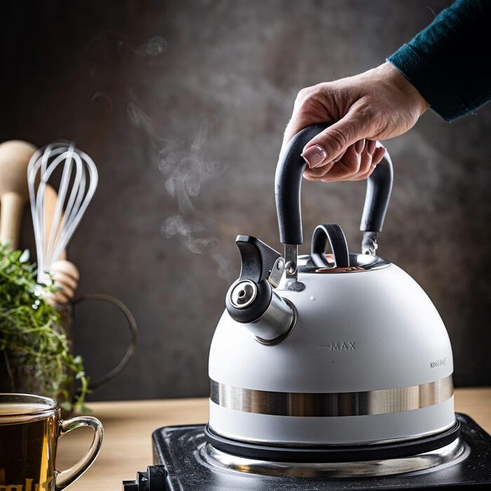 Чайник Kinghoff 1.8L з нержавіючої сталі з свистком, для індукційних плит, компактний, з нержавіючої сталі, матовий білий