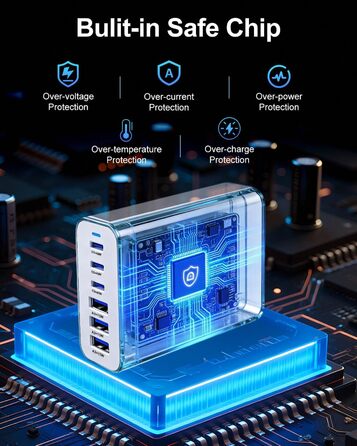 Зарядний пристрій 165W USB-C GaN з 6 портами для швидкої зарядки iPhone 17/16/15 Pro, iPad, ноутбуків та Samsung Galaxy – мережевий адаптер для дому та подорожей