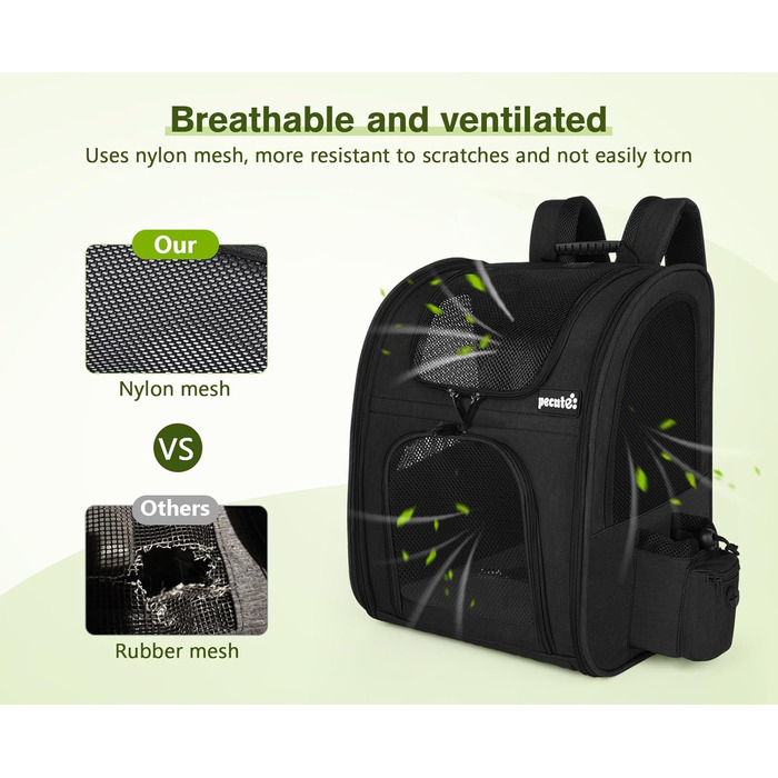 Pecute Pet Carrier Backpack with Mesh Window - Portable & Foldable Cat & Dog Carrier Bag - Breathable, Lightweight, Waterproof Oxford Cloth - Large Capacity, Non-Slip, Black, Classic Mesh (L)