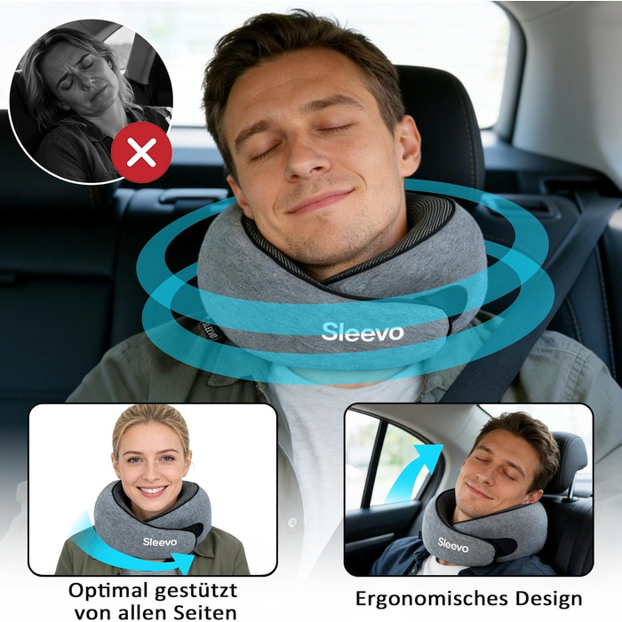 Подушка для шиї в літак з капюшоном та Memory Foam – Подушка-білка, подушка для сну та подорожей – Ергономічна подушка для подорожей, захист від світла & Пральна, з сумкою – Чорний (M) (Сірий M)