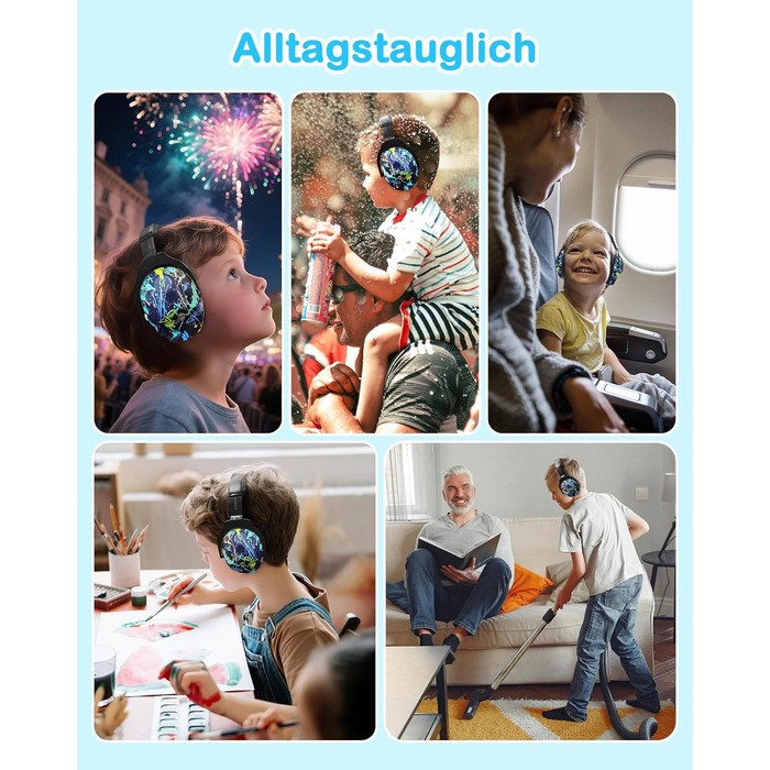 Навушники для захисту від шуму ZOHAN 030 для дітей 3-18 років, блакитні, з графіті