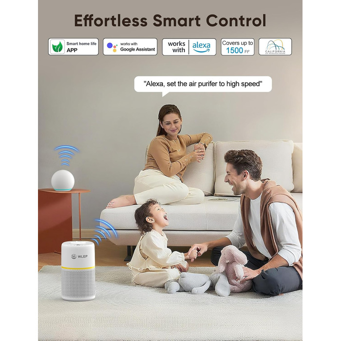Розумний очищувач повітря з Wi-Fi, керуванням через додаток та голосовими помічниками Alexa/Google, 360° повітряний потік, фільтр HEPA H13 (99,97%), тихий нічний режим (20 dB), CADR 90 м³/год, кольорове підсвічування для спальні, модель KJ1-3S APP
