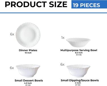 Набір посуду Larah, 35 предметів: тарілки, миски, кришки, ложки, сервіз на 6 осіб, опал, міцний, легкий, для мікрохвильової печі та посудомийної машини, білий з зеленими квітами