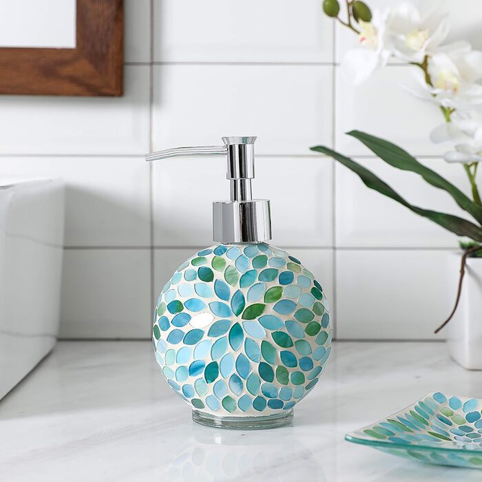 Набір аксесуарів для ванної кімнати KMWARES з мозаїчного скла, 4 шт. (диспенсер для мила, стакан для зубних щіток, піднос для косметики), блакитний, зелений, білий