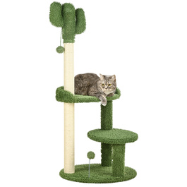 PawHut Дряпак для котів, дизайн кактуса Φ 49 x 111 см з 2 ярусами та іграшковою кулькою, стійкий котячий комплекс для кошенят зеленого кольору
