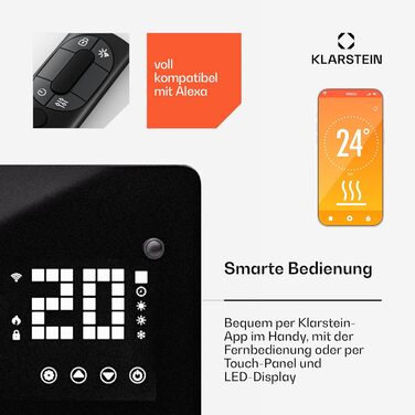 Klarstein Electric Heater, 1500 W Convector Heater, Freestanding & Wall Mounting, Energy-Saving Electric Heater with App Control & Castor Wheels, Electric Heater, Electric Radiator with Thermostat