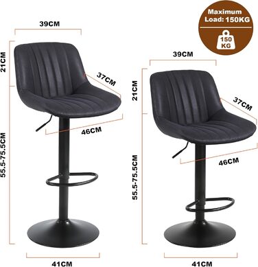 Youhauchair Adjustable Swivel Bar Stools with Backrest - PU Leather, Modern Kitchen Bar Stools (2-Pack, Black)