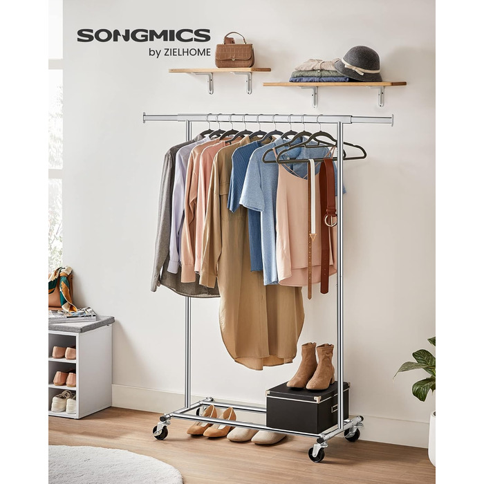 SONGMICS Heavy-Duty Clothes Rack, 2-Piece Set, Rolling Garment Rack, Holds up to 90 kg, with Extendable Wardrobe Rack, Folding Base, Shelf for Boxes, Silver HSR013S02
