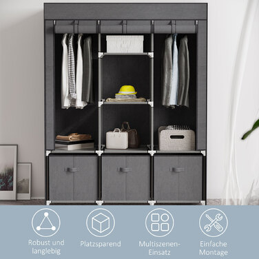 HOMCOM Folding Wardrobe, Fabric Closet, Zipped Folding Cabinet, Non-woven Fabric, Dark Grey, 125x43x162.5cm | Aosom