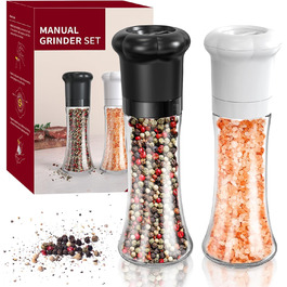 Набір ручних мельниць для солі та перцю CIRCLE JOY - ідеальний вибір для професійних кухарів. Мельниці з керамічними лезами, регульована ступінь подрібнення, скляні контейнери 180 мл, BPA-free, чорно-білий дизайн.