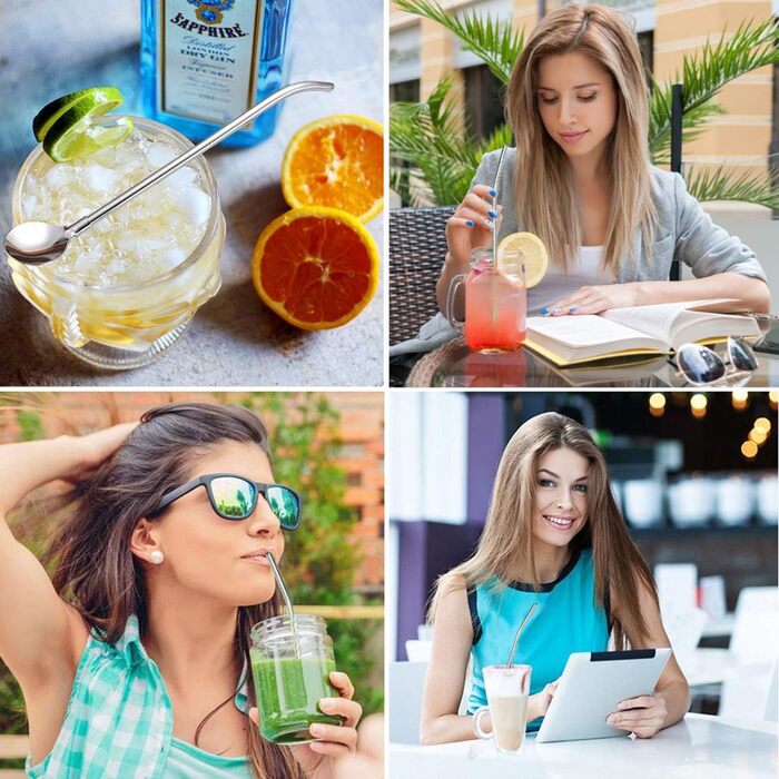 Багаторазові трубочки з нержавіючої сталі та ложки, набір 4 шт. з щіткою для чищення. Ідеально для кави, молочних коктейлів, смузі.