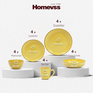 Набір посуду HomeVSS на 20 предметів для 4 осіб, жовті тарілки та миски з ефектом бризок, придатні для мікрохвильової печі та посудомийної машини