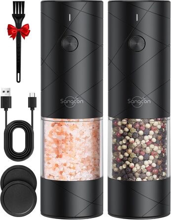 Sangcon Salt and Pepper Grinder 2-Piece Set, Rechargeable via USB, with LED Light, Large Capacity Pepper Grinder, Automatic Grinding and Adjustable Grind Fineness, Suitable for a Variety of Selection