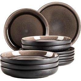 MÄSER 934021, Niara Series, Modern Plate Set for 6 People in Exciting Vintage Look, 12-Piece Ceramic Tableware Set in Grey and Black, Stoneware Plate Set 12-Piece Grey