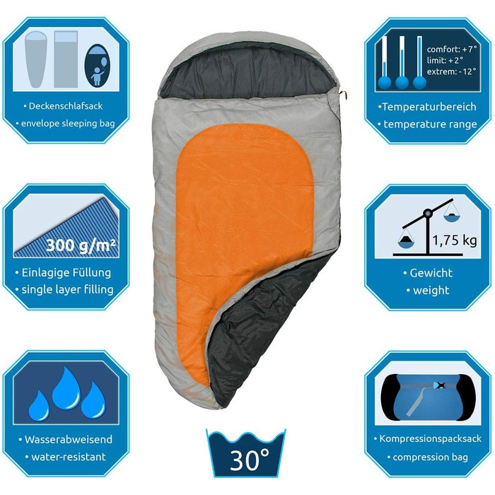Fridani Kids Sleeping Bag PO 180x90cm XXL Comforter Sleeping Bag -12°C Orange Warm Water-Repellent Washable