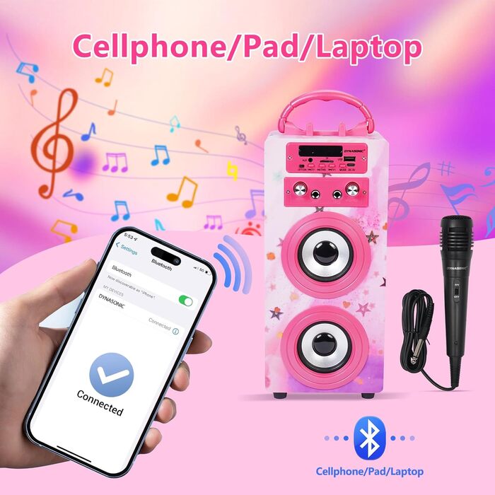 Караоке DYNASONIC з 2 мікрофонами, портативна машина для караоке, Bluetooth-динамік, USB та SD-картрідер, світлові ефекти, подарунок для дітей 5-13 років (Model 15 lights)