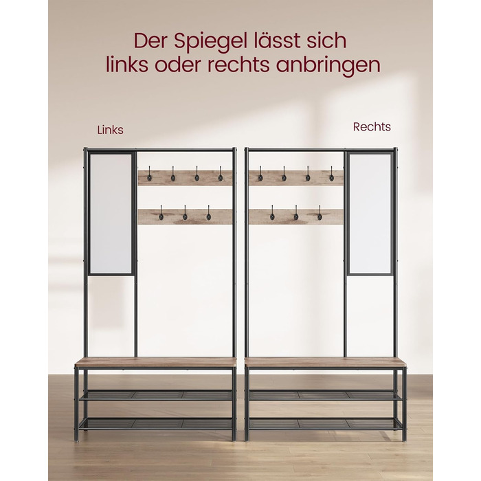 VASAGLE Coat Rack, Wardrobe, Coat Stand with Hooks, Mirror, Bench, 35 x 98 x 180 cm, for Entryway, Bedroom, Living Room, Modern, Oak-White HSR415W09 (Camel Brown + Ink Black)