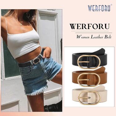 Гірчиця WERFORU 3 шт. Жіночі ремені з золотою пряжкою. Моделі з екошкіри для джинсів, штанів та суконь. Кольори: чорний, коричневий, бежевий. Розмір: 86-100 см