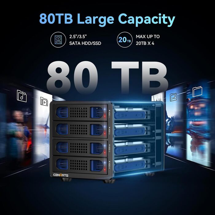 Корпус для жорстких дисків 10Gbps з алюмінію Dual Bay з вентилятором для 2.5/3.5 SATA HDD/SSD з USB A/C 3.2, Hot Swappable, Daisy Chain, без інструментів, DAS (не RAID/NAS)