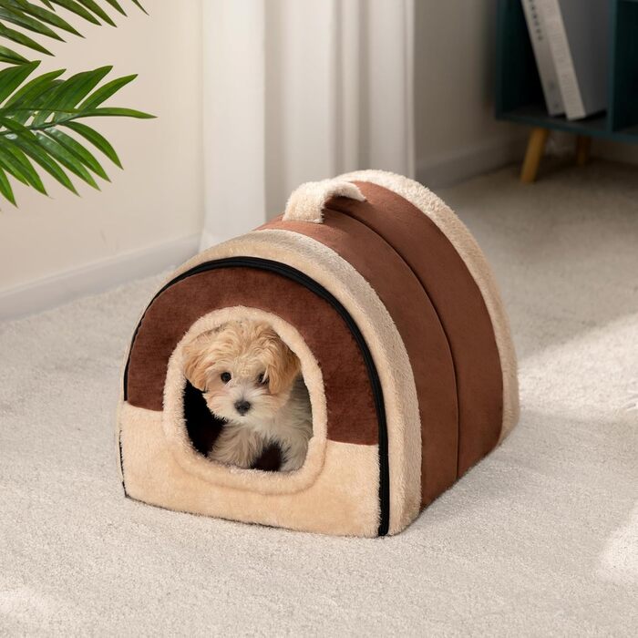 Hollypet Cat Bed Small Dog Bed, 2-in-1 Foldable Plush Pet Bed for Cats & Small Dogs, Cozy and Soft Pet Cave Bed for Indoor Outdoor, (Coffee)