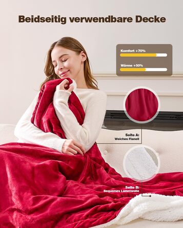 Електрична ковдра Yokimisu з автовимкненням 180x130 см, плюшева, з 6 рівнями нагріву, таймером, захистом від перегріву, пральна, для дому та офісу (червона)