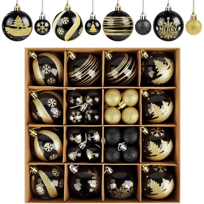 Набір прикрас для ялинки Ilauke, 44 шт. Ялинкові кулі з пластику червоного та білого кольорів, 3 та 6 см. Декорації для ялинки на Різдво, вечірку, дім, весілля. Червоний, білий, чорний, золотий кольори.