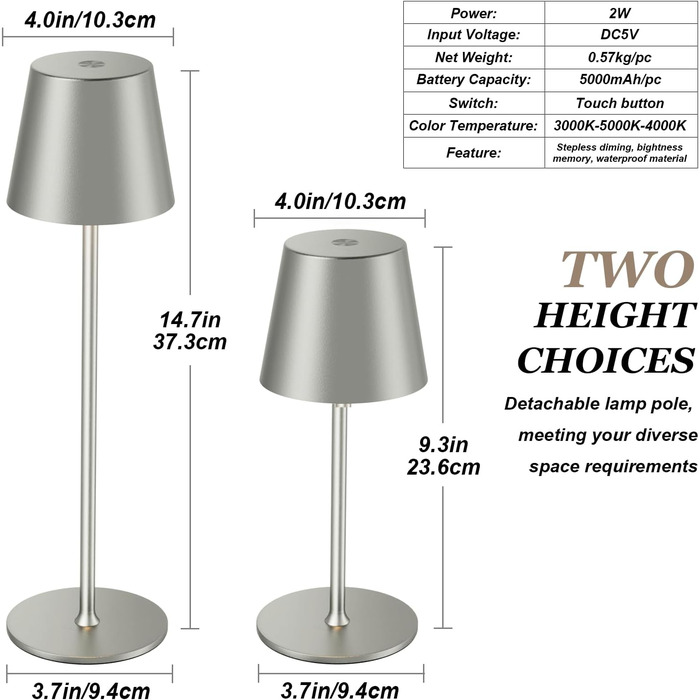 Акумуляторна LED настільна лампа бездротова з USB-C зарядкою, регульованою яскравістю та 3 режимами освітлення (сіра)