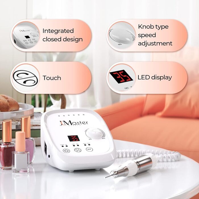 Nagelfräzer JCMaster Profi: Електрична фрезер для нігтів з педаллю, 35000 об/хв, 6 насадок, сенсорне керування (Білий)