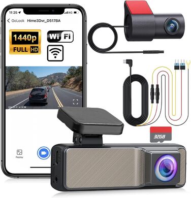 eSynic Mini Dashcam: Автомобільний відеореєстратор з Wi-Fi, 1080P Full HD, 160° Кут огляду, Нічне бачення, G-сенсор, Паркувальний режим, Керування через додаток, 32GB SD-карта в комплекті (Дві камери - передня та задня)