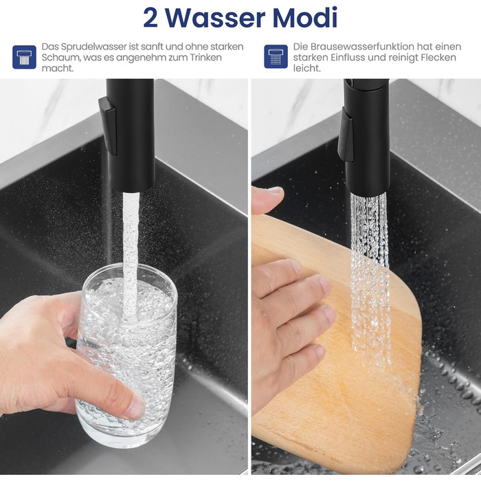 Кран кухонний CECIPA з висувною лійкою, високий поворотний вилив, 360° оберт, нержавіюча сталь, чорний