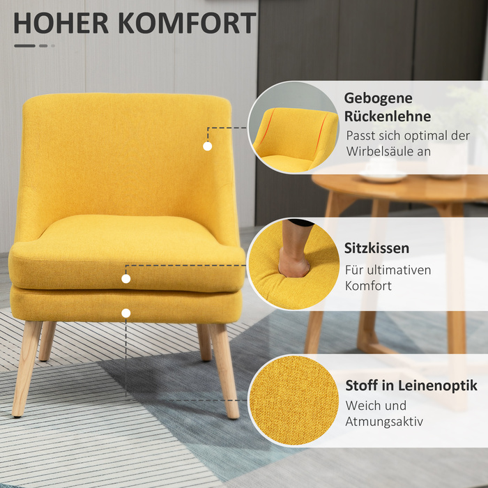 Крісло для їдальні HOMCOM, кухонне крісло з підлокітниками, м'яке крісло, крісло для вітальні, офісне крісло для вітальні, спальні, тканина льон, дерево, жовтий колір | Aosom