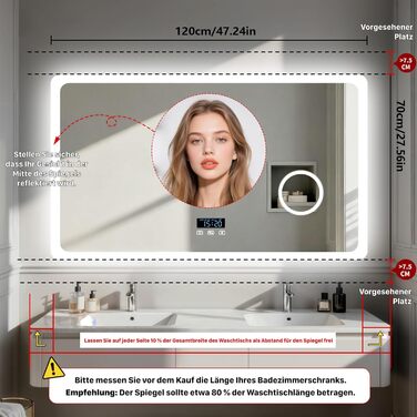 Дзеркало для ванної кімнати LUVODI з підсвічуванням 100x70 см: годинник, температура, дата, проти запотівання, регулювання яскравості, 3 кольори світла, функція пам'яті, LED, водонепроникність, збільшення 3x, Bluetooth