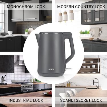 Електричний чайник з подвійними стінками Nordic Grey, 1.5 л, бездротовий, 2200 Вт, 360° обертання