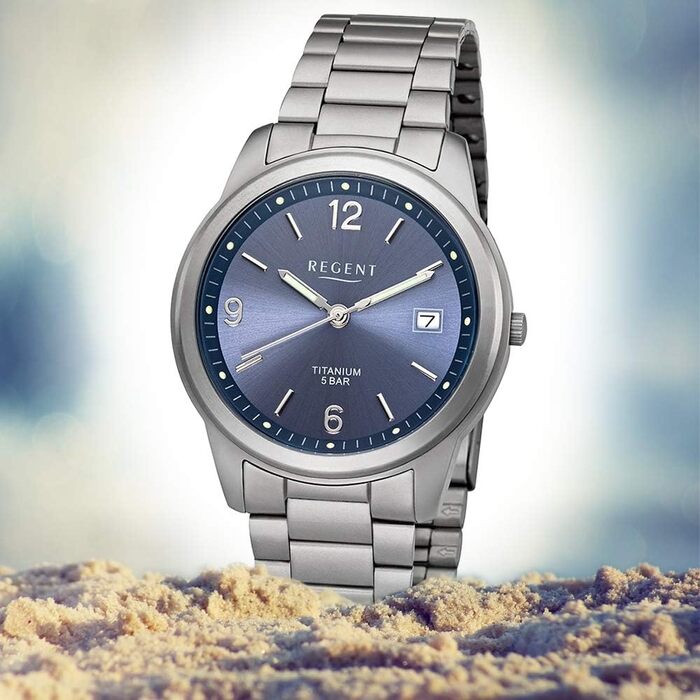 Годинник Regent для чоловіків з титановим браслетом та корпусом, діаметр 36 мм, кварц, арабські цифри, дата (блакитний)