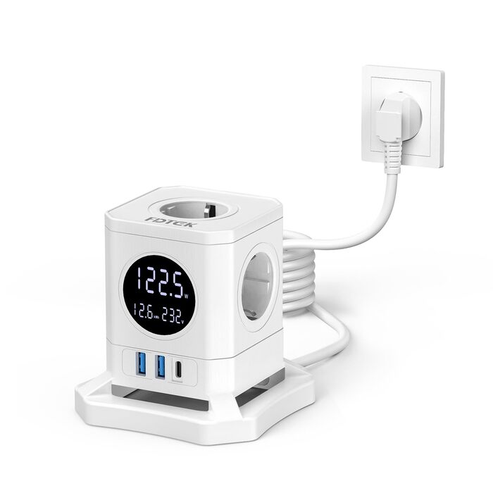 Багатофункціональний USB-хаб FDTEK з 1 USB-C та 2 USB-A, 7 розеток, LCD-дисплей, 1.8м кабель, 2500W/10A, білий