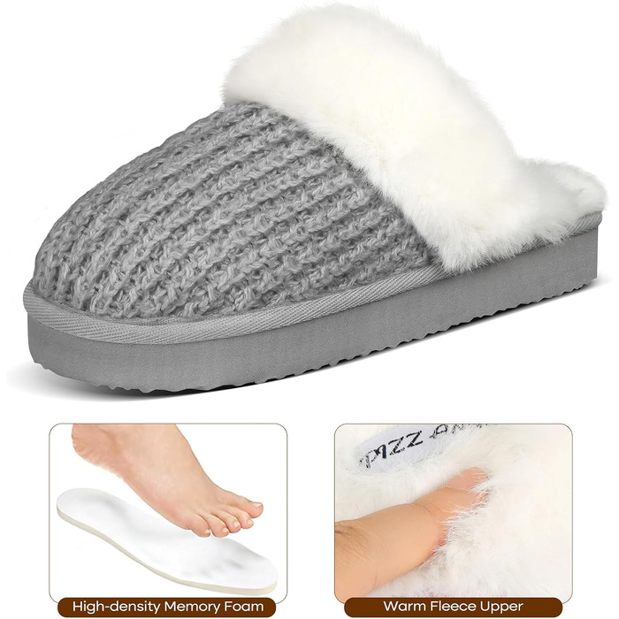 Тапочки жіночі зимові теплі PIZZ ANNU з плюшем, антиковзаюча підошва, платформа, з Memory Foam, для дому/на вулицю (42/43 EU, сірі)