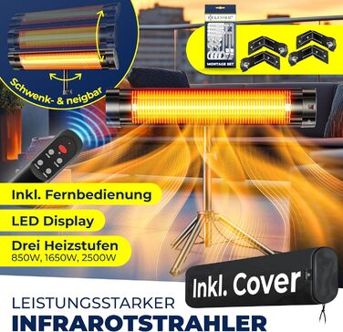 Інфрачервовий обігрівач KESSER® 2500W з пульт дистанційного керування та захисним чохлом, телескопічною стійкою, для тераси та дому
