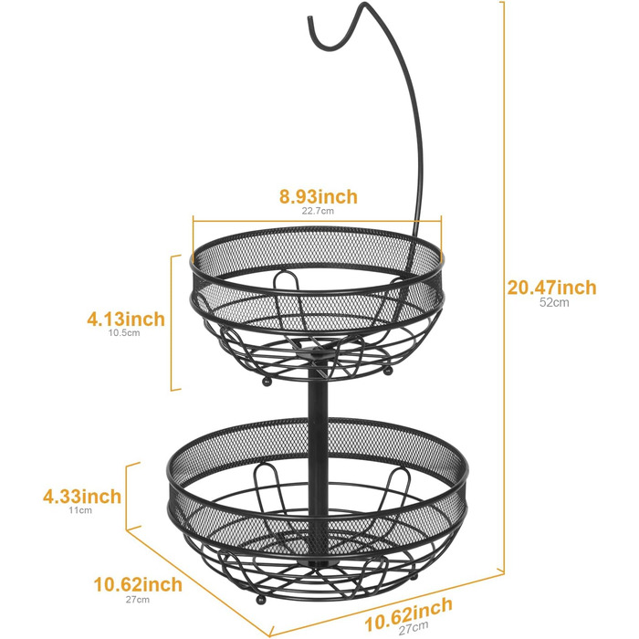 Двоярусна підставка для фруктів з кріпленням для бананів, чорна, з металевою мискою