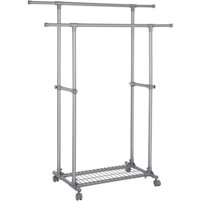 SONGMICS Clothes Rack with Double Rod, Clothes Stand, Mobile, Extendable between 87 and 150 cm, with Wheels and Storage Shelf, Load Capacity 70 kg, for Coats, Scarves, Grey, LLR13GY