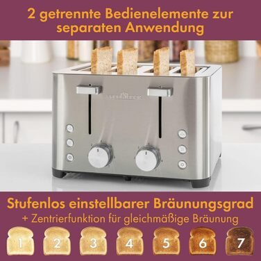 ProfiCook® Toaster | 4-Slice Toaster | Stainless Steel Housing | 1500 Watts | Wide Slot | Bagel Attachment (removable) | 7 Adjustable Browning Levels | Crumb Tray | Cord Retraction | PC-TA 1252 PC-TA 1252 inox