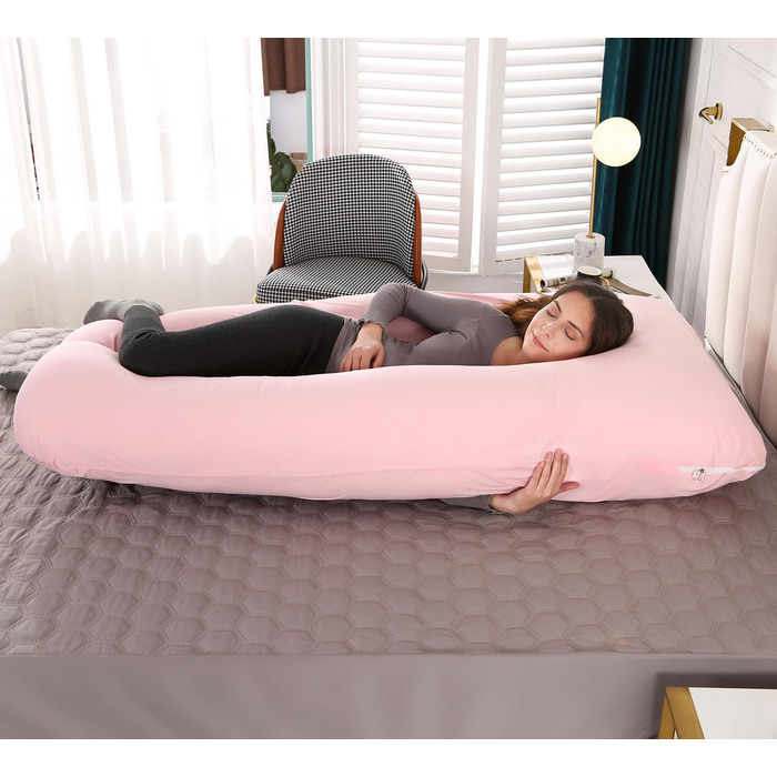Подушка для вагітних Amagoing U-подібна, 144.8 см, рожева. Знімна чохол з джерсі, для підтримки спини, ніг та стегон.