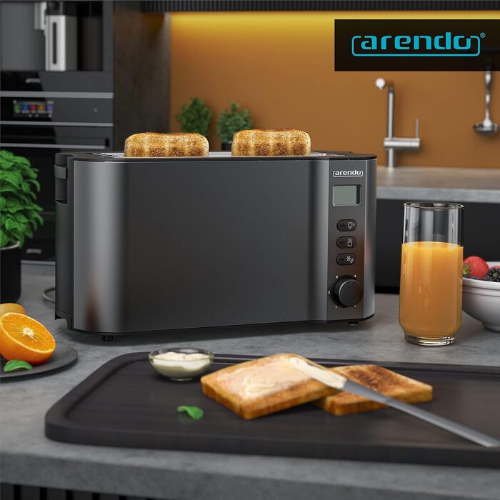 Тостер Arendo з нержавіючої сталі з 4 широкими слотами, подвійні стінки, вбудований тримач для булочок, 6 ступенів підсмажування, центрування хліба, автоматичне відключення, дисплей з відображенням часу (A: Cool Grey)