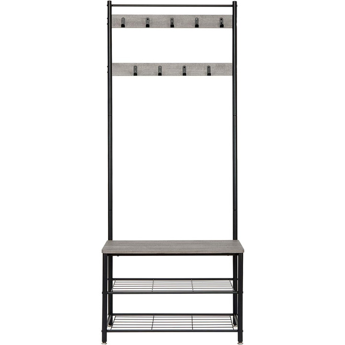 Mondeer Coat Rack, Shoe Rack with Coat Rack, 3 Shelves and 9 Removable Hooks, Industrial Design, Made of Metal and Wood, 70 x 32 x 175 cm, for Entryway, (Gray)