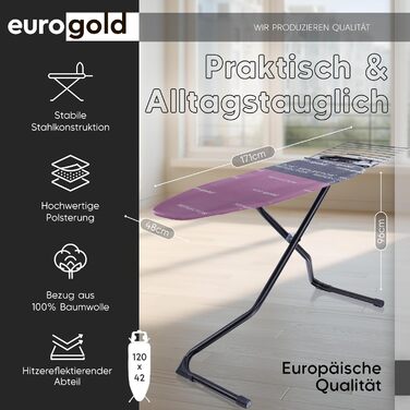 Прасувальна дошка EUROGOLD® Premium 120x42 см з турбопокриттям та полицею - стабільна, регульована по висоті, з бавовняним покриттям (рожева)
