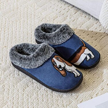 Тапочки домашні жіночі чоловічі з вишивкою у вигляді милого собаки, теплі, з плюшевою підкладкою, зимові, синього кольору (46/47 EU)