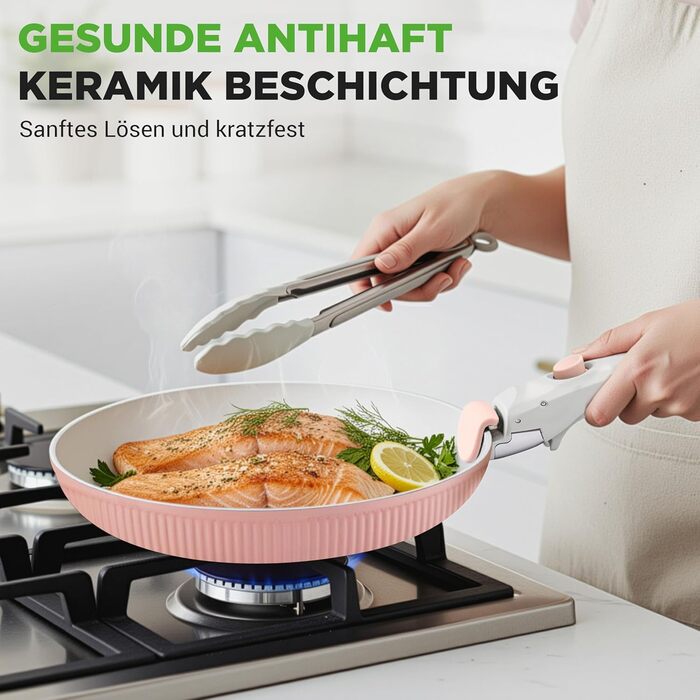 Набір посуду NutriChef 18 предметів керамічний рожевий з знімними ручками, для індукційних плит, антипригарний, компактний, для духовки, універсальний