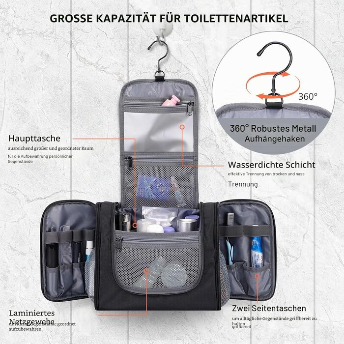 Чоловіча дорожня косметичка WITZMAN (B690 Чорна) — велика водонепроникна сумка для гігієни та аксесуарів з підвісом, унісекс