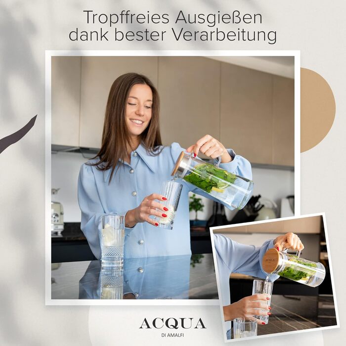 ACQUA DI AMALFI® Glass Carafe with Lid | Water Carafe 1.5 Liter | Glass Jug with Lid | Leak-proof & High-Quality | Glass Carafe ideal for Lemonade, Water & Tea (NEUTRAL/BAMBOO)